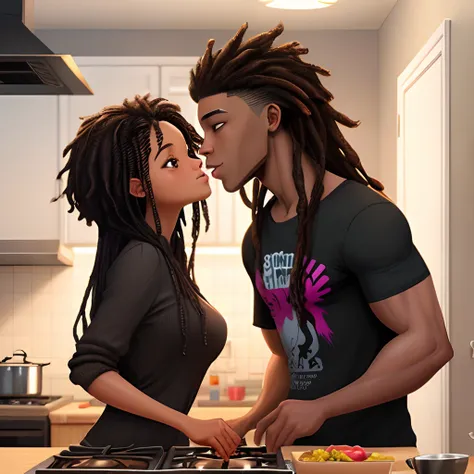 Spiderverse comic panel, women with black hair with pink tips, long hair, hazel eyes, black power, in a kitchen, tan, 21 years old, Mexican kissing a man with short dreads, brown eyes, in a kitchen, dark, 22 years old, from New York