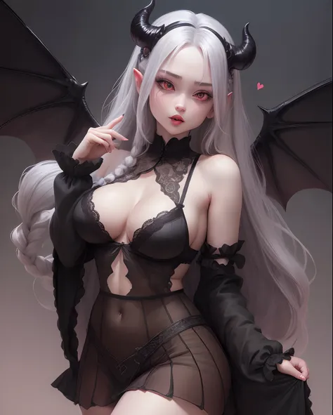 1 girl, big, succubus, no underwear, short skirt, lace see through bra, ((long hair)), gray hair, pale skin, tongue sticking out, long tongue, heart-shaped eyes, abnormally long braid, demon shape wings, wings attached to lower back, unusual shape