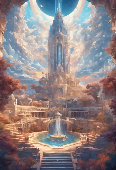 (best quality, masterpieces, detailed, new features), A majestic kingdom in the sky, with shimmering effects and an eternal realm. Reflective surfaces and soaring architecture that reaches the clouds. Astonishing details that are intricately crafted. A cos...