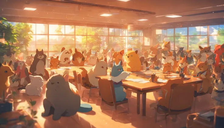 different types of cute animals gathering in a meeting room