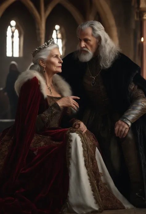 (best quality,4k,highres,masterpiece:1.2),ultra-detailed,(realistic,photorealistic,photo-realistic:1.37), medieval queen, 50-year-old, evil expression, wearing a long black dress, pointing at an elderly medieval man