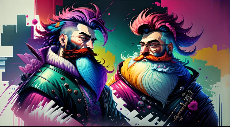 create digital artworks in the pop art style, featuring vibrant and confident man with dredlock hair and long beard and colorful...