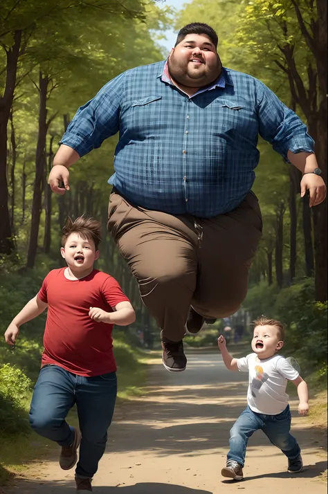 103" tall obese man with a brown beard wearing a blue plaid shirt chasing after a small child.  Fairy tale art style