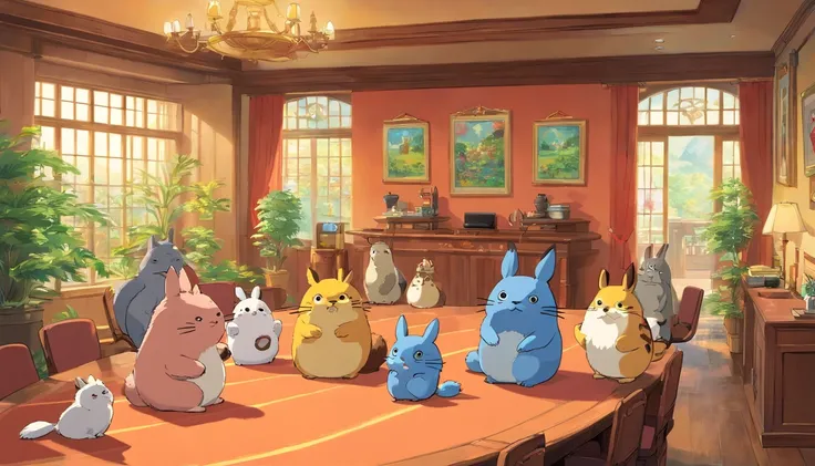 different types of cute animals gathering in a meeting room