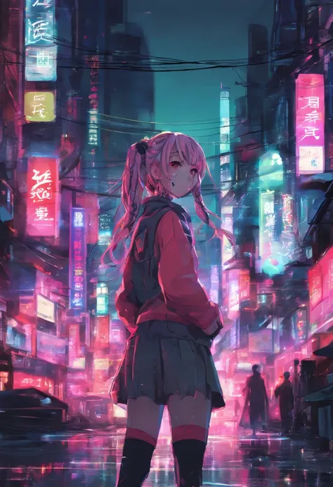 an anime girl with braids in the neon streets of tokyo