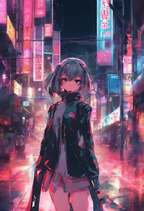 an anime girl with braids in the neon streets of tokyo