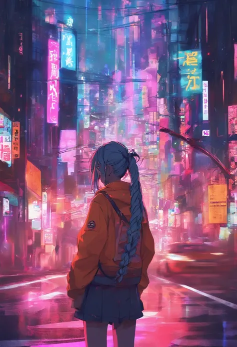 an anime girl with braids in the neon streets of tokyo