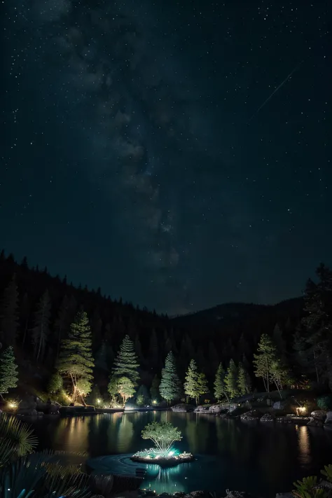 A mysterious lake with bioluminescent plants lot of detailed, its beautiful and detailed. We see the galaxy in the distance