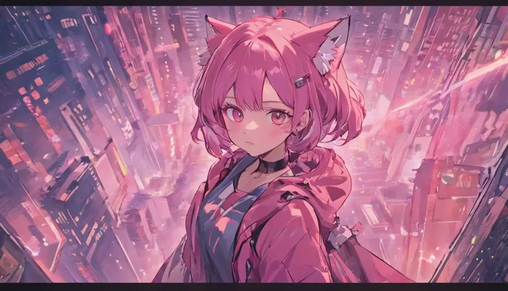 Mature pink fox anthropomorphic，Elongated legs and ears，Look up at the camera，Cyberpunk costumes，Gray tone city street view background，Delicate face，Image sharpening，Scene sharpening，Character strokes，Detailed character drawing，Detailed scene drawing，Delic...