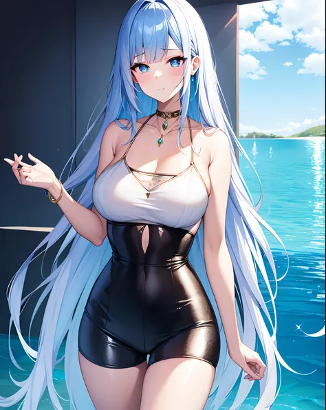 digital art, soft and fantasy style, an anime girl, pretty face, pretty hair, (glittery hair), deep ocean colored hair, shining ocean-like eyes, looks very confident and bright, not NSFW, wearing fantasy tops and shorts, (VERY glittery), wearing a lot of c...