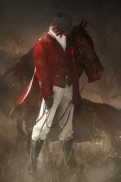 there is a headless horseman in a red jacket and white pants near a horse