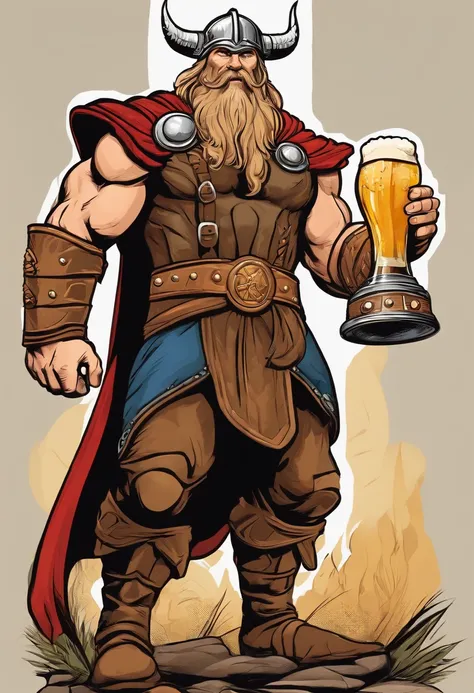 strong viking, using mobile phone, full body, holding a beer mug in his hand, comic book style, vector, thor inspired, clear background, charismatic,