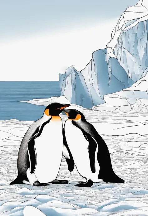 "COLORING BOOK OF A PENGUIN IN THE ARCTIC, Rasgos infantiles, Dicke Linien, keine Farbe, fondo blanco, Nur Bindestriche."