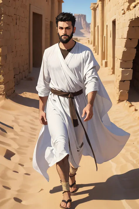 25-year-old man with short black hair and short beard, dressed in a white tunic, full body, walking through the desert, 1st cent...