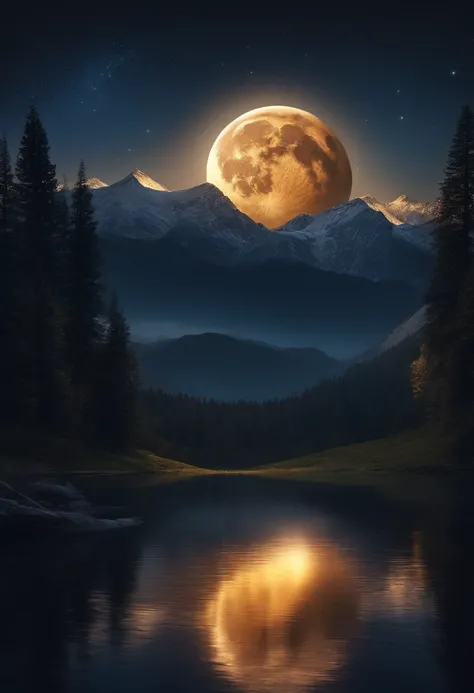 Very starry night. A giant moon behind the mountains. A tranquil lake reflecting the night. Realistic scene, detailed, photorealism, 8k