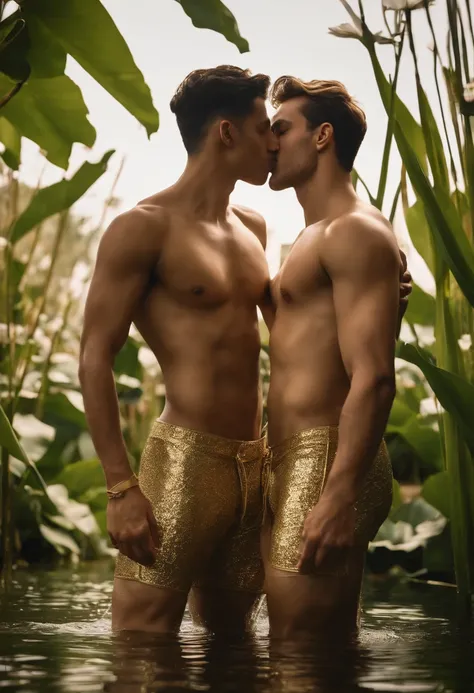 2boys kissing and embracing, masterpiece, best quality, slim lean boys young adults standing shirtless in a tranquil garden pool surrounded with water lilies and reeds. The men are very handsome, muscular lean slim and well built, with defined muscles. The...