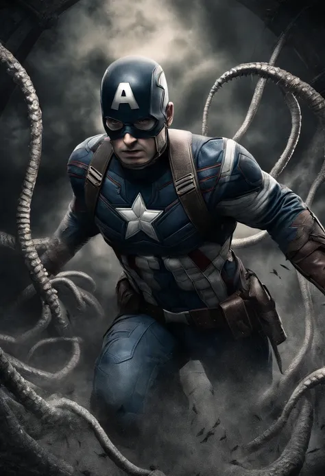 photo realistic back view of captain america attacked by tentacles