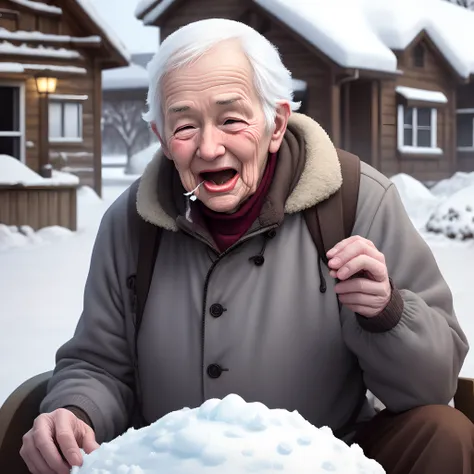 Old person eating snow violently, realistic