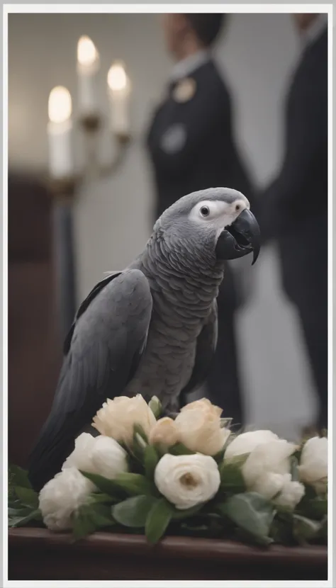 A grey parrot shouting in a funeral, people looking at it angrily, cinematic, 4k, realism