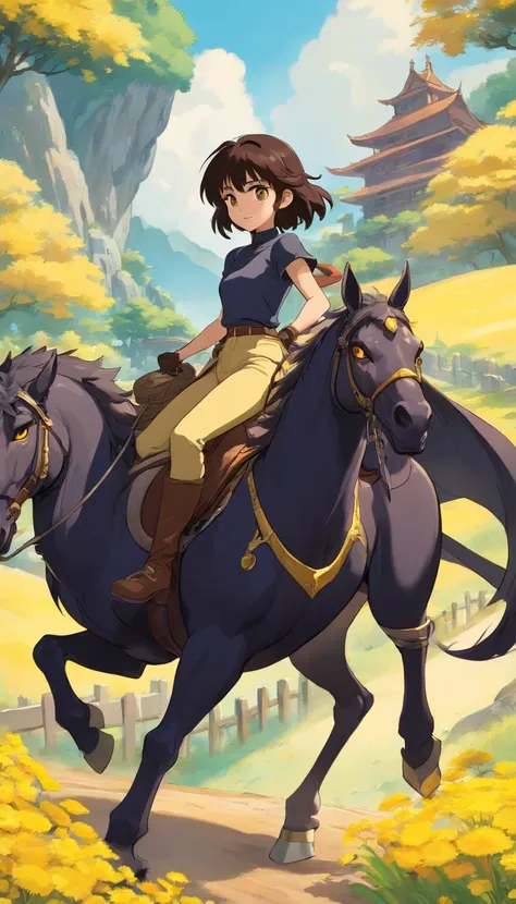 Black dragon with yellow eyes, Brunette princess with pants and boots riding on a brown horse