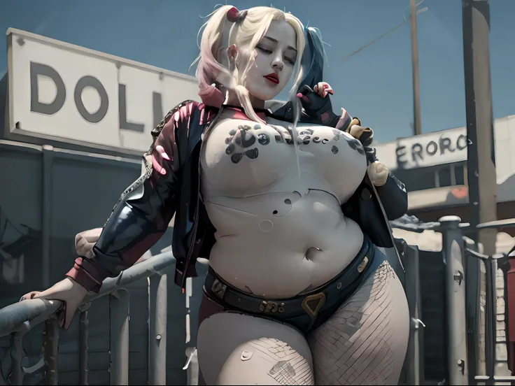 ((photorealistic)), (masterpiece), (detailed) (solo), cute beautiful face, eating donut, pleasure, closed eyes, Harley Quinn, naked belly, white skin, very chubby belly, young, cutie, chubby, fishnet, curvy, very soft, sexy, fat rolls, belly rolls, tight l...