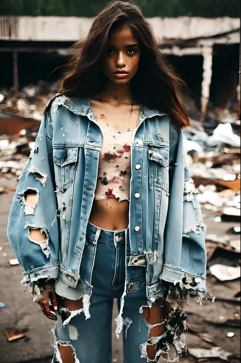 1girl, SURVIVORS-CLOTHES, standing, upper body, Tattered clothes, clothes that have deteriorated over time, clothes that are torn here and there,