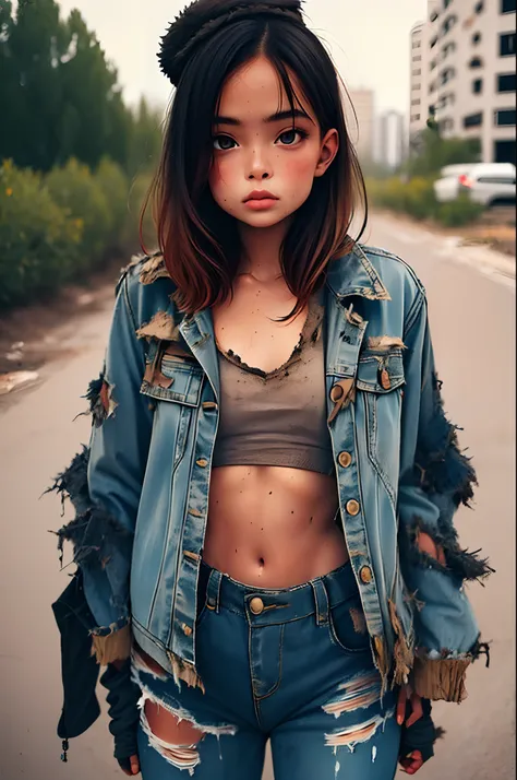 1girl, SURVIVORS-CLOTHES, standing, upper body, Tattered clothes, clothes that have deteriorated over time, clothes that are torn here and there,