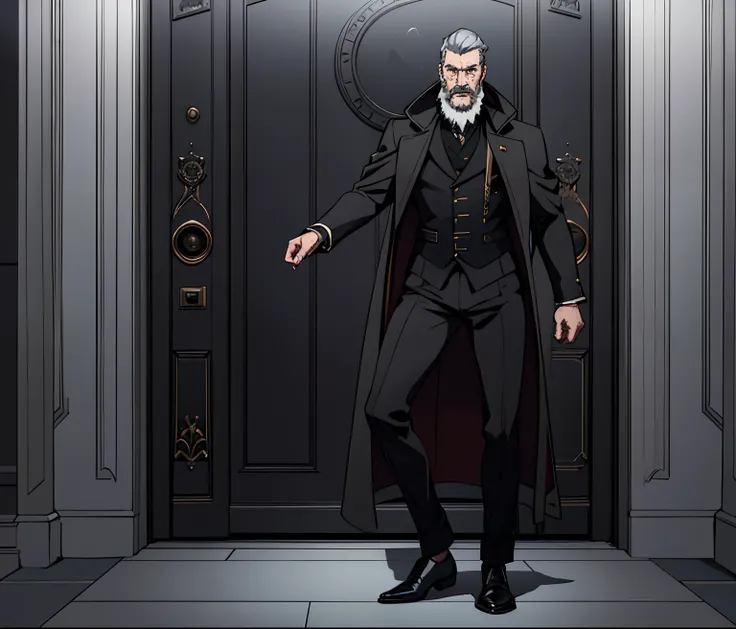 (best quality,4k,highres),man in a Victorian coat,professors robe,gray hair and beard,covering a black door with his right hand,front view,medium:pencil sketch,detailed texture,grand atmosphere,vivid colors,dramatic lighting