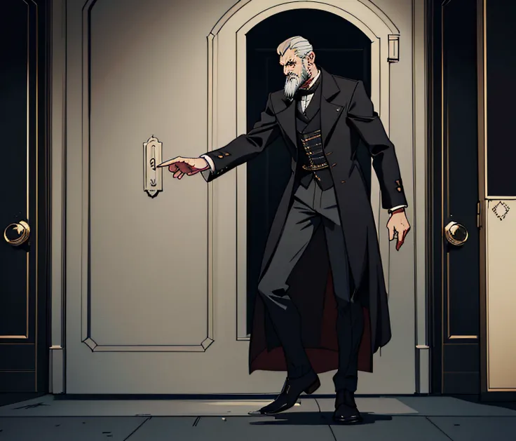 (best quality,4k,highres),man in a Victorian coat,professors robe,gray hair and beard,covering a black door with his right hand,front view,medium:pencil sketch,detailed texture,grand atmosphere,vivid colors,dramatic lighting