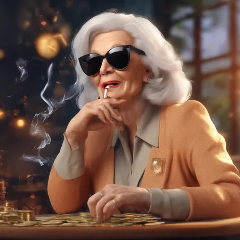 an elderly woman with white hair, smoking a cigar in her mouth and wearing dark black sunglasses. looking forward with a background  falling A LOT of money