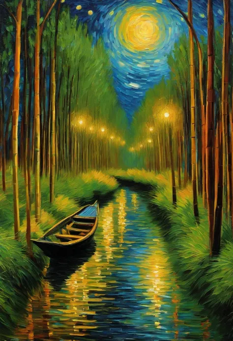 Starry Night Van Gogh,. Futuristic， bamboos，