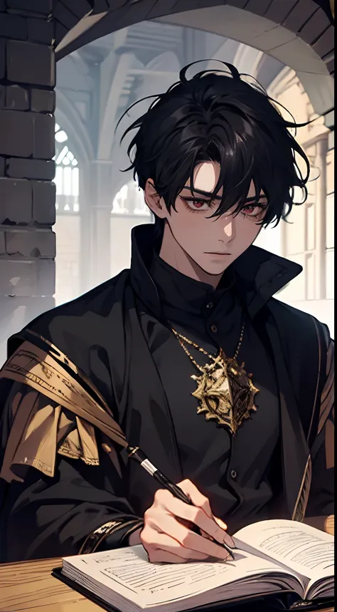 1 boy, short messy black hair, red eyes, handsome, beautiful, dark sorcery and black magic, fantasy, medieval times, calm expres...