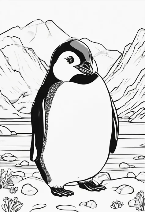 dibujo en blanco y negro para colorear, A penguin in the Arctic