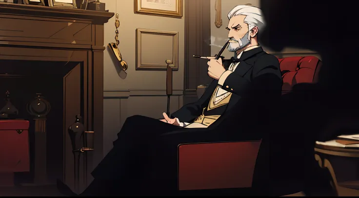 Anime style pencil sketch, Man in Victorian costume, Professors coat, White hair and beard, smoking pipe in the left hand, sitting in the armchair