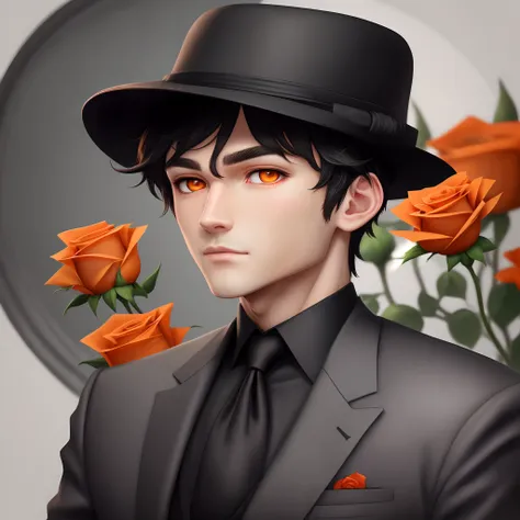 Create an anime character with bright hazel eyes with black hair and a apethetic face he is wearing a black suit with bright orange tabs and highlights on it and in his head he wears a black bowler hat with a paper rose that starts white at the base and tu...