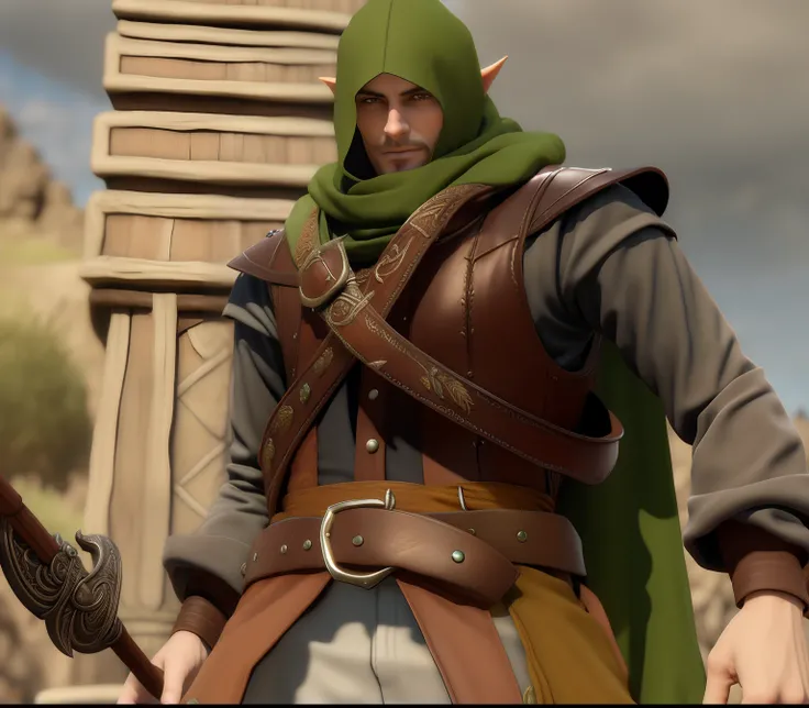 A person with a green hat and a brown and brown outfit, d&d protagonista, Elfo Ranger Masculino, um elfo macho, Macho loiro elfo ranger, Detalhes do caractere 8K, Personagem JRPG, elven character with smirk, roupa de aventureiro grande capa, Deserto Fighte...