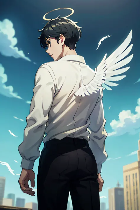 boy teenager, black hair, white shirt with long sleeves. On the top of his head he has a golden halo like a angel and white feathered wings in his back, the scenario behind him is like the roof of a large building of a city.