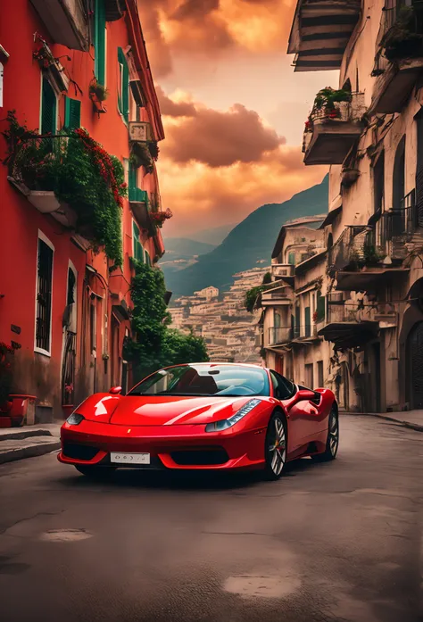 arafed red sports car parked on a street in a city, red car, pexels contest winner, italian style, details and vivid colors, col...