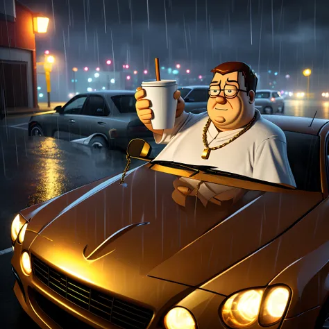 3d model of peter griffin holding a styrofoam cup on a rainy night wearing a gold chain and sitting on the hood of a car with quagmire lurking behind me