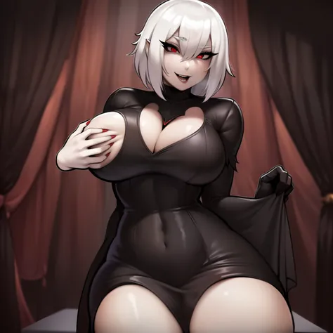 ((Solo)), Vampire girl with short white hair, (red eyes), ((wearing a black dress)), Anime style 4K, large chest, curvy hips, long legs, detailed eyes, ((sitting on a throne))