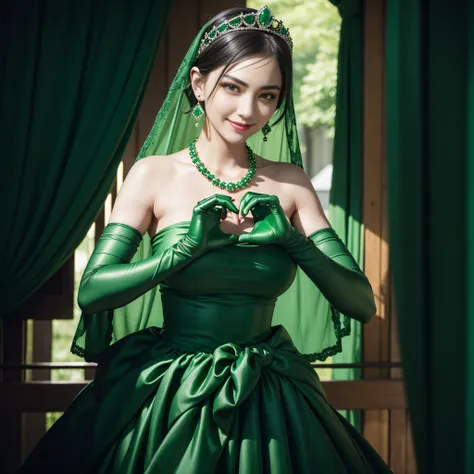 emerald tiara, Green Pearl Necklace, Boyish very short black hair, lipsticks, Japan woman smiling, very short short hair,  big breasts beautiful, Green eyes, Long green gloves made of satin material, Green eyes, Emerald Earrings, green vale, Heart with bot...