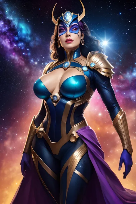 retrato, obra prima, extremamente detalhado, outer space, estrelas, Nebulosas, galaxias, Planetas, uma bela mulher, Super Villain, Gigantic in outer space, corpo lindo, Shes the female version of Galactus, com poderes cosmicos, sombria, 8K ultra detalhado,...