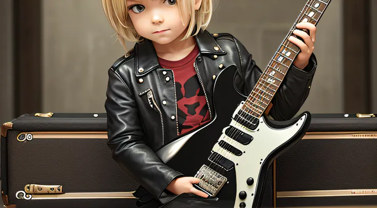 BOY BLONDE CHILD LONG AND BIG STRAIGHT HAIR, WITH LEATHER JACKET , PORTRAIT, a black electric guitar with a guitar case, amplifier and accessories, mat black metal, obsidian metal, electric guitar, evil guitars, dark metal, full product shot, kit, electric...