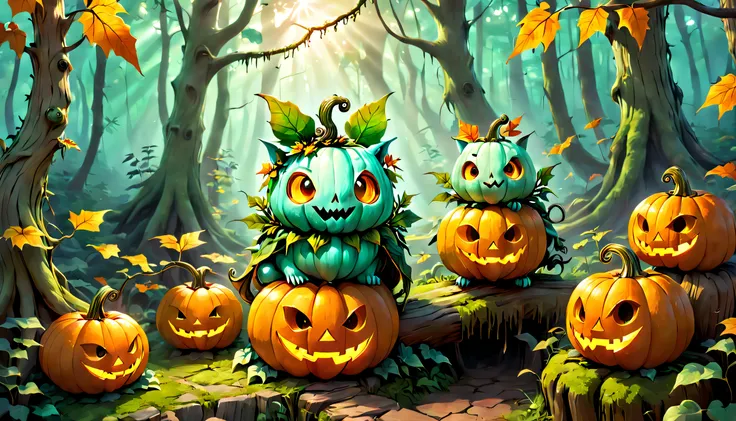 A wise old jack-o-lantern that houses a menagerie of cheerful forest spirits known as kodama. Warmth and magic radiate from the pumpkin and its joyful inhabitants.