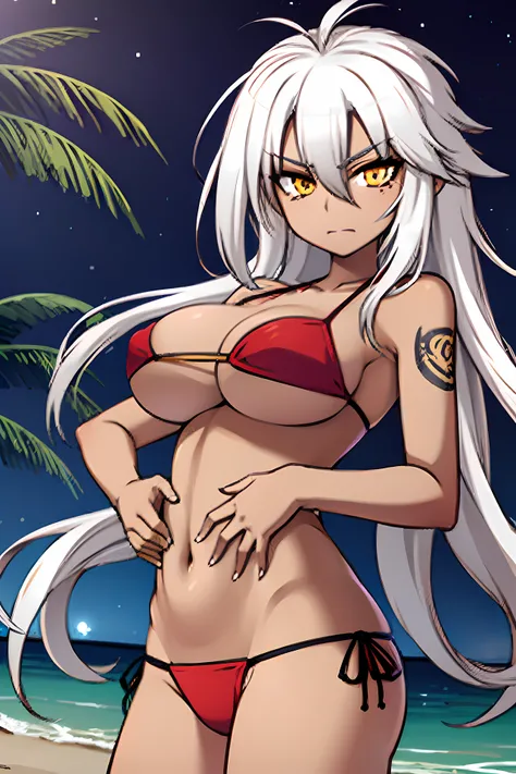 young girl, long hair, hair messy, lion hair, white hair, tattoed body, with bikini, red bikini, in a beach, in the night, light in the sea, star in the sky, landscapping, 4k, masterpiece, fantasy, bodhum