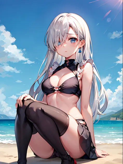 Khmeliza, 1girl in, Hair above one eye、White hair、Jewelry, single thighhigh, Midriff, Black skirt, Asymmetrical legwear、crouching down、Physical education sitting、The bikini、the beach、blue-sky、suns、​​clouds、Into the cloud、Holding your legs