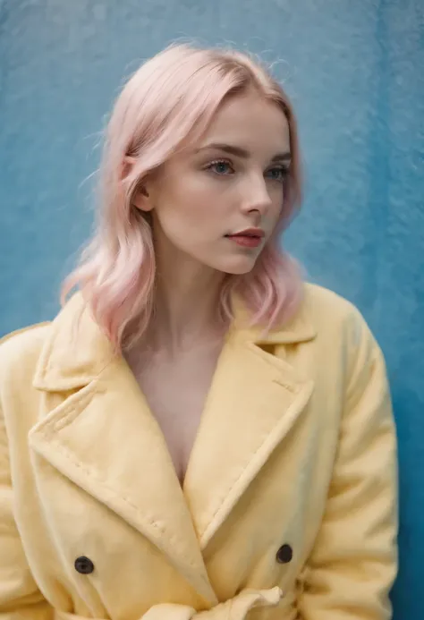 a young female wearing yellow and pink coats in front of blue wall, in the style of heatwave, transparent/translucent medium, contemporary vintage photography, lowbrow, poolcore, associated press photo, feminine body, (long shot)Photo taken from a distance...