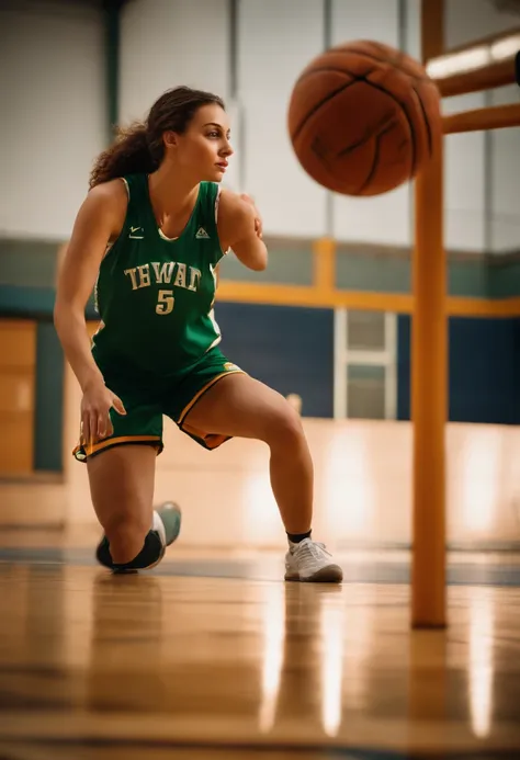 Sexy girl basketball player on court lying stockphotoimages, in the style of dark orange and green, kurt wenner, panasonic lumix s pro 50mm f/1.4, lively and energetic, polixeni papapetrou  --ar 283:186 --v 5