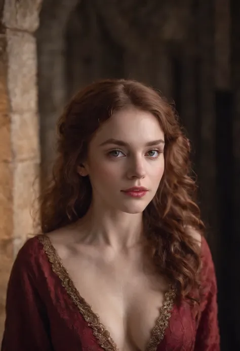 (((a deep reddish wound crosses her left cheek))) fair complexion, woman around 26 years old, natural light brown curly hair, distinctive green eyes, naked, slender and graceful, big boobs,beautiful, candlelight in a medieval setting, ultra sharp focus, re...