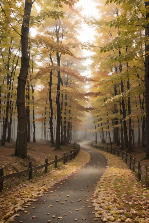 a hq beautiful digital glossy clear sharp of a detailed forest path with maple trees in autumn fog by james gurney, constrast 8 k resolution trending on artstation